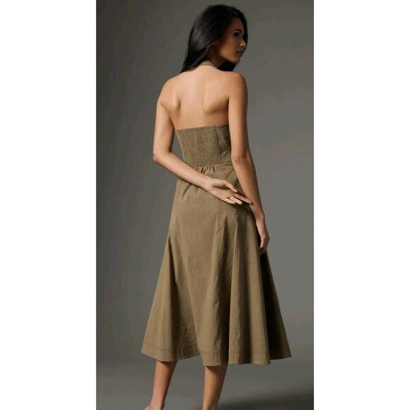 By Anthropologie Zip-Front Halter Corset Dress Green Size Medium Midi - Picture 2 of 13